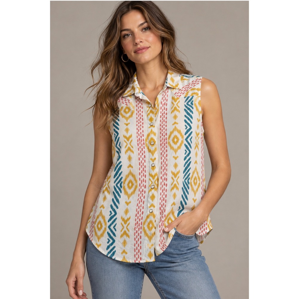 Ariat Great Basin Sleeveless Shirt XL White Ikat Western Snap Boho Aztec Cowgirl